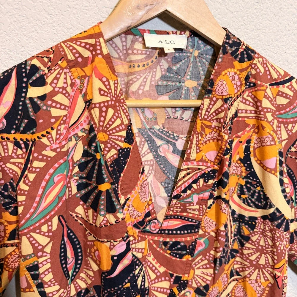 A.L.C. Maya Cotton Mini Dress Womens 8 Brown Abstract Floral Puff Sleeve Belted